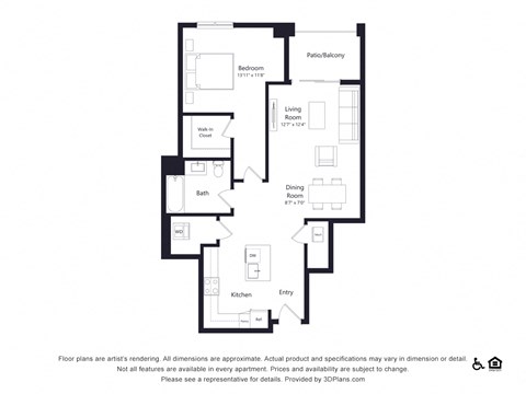 Floor plan for 1 bed, 1 bath, 884 sqft